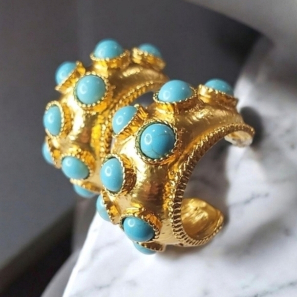 Designer Jewelry - Chunky Oversized Matte Gold Byzantine Turquoise Cabochon Hoop Earrings